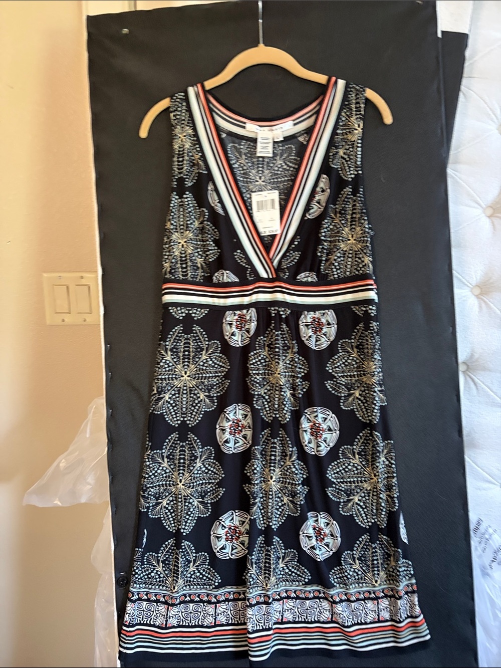 Max Studio Navy Dress with Coral and Mint Stripe Trim